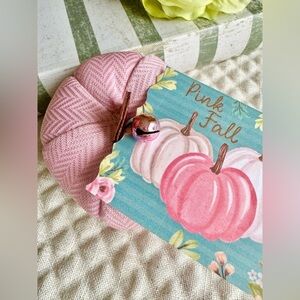 New Halloween Autumn Pink Fall Herringbone Fabric Pumpkin w/ Tag & Bell - 3.25"